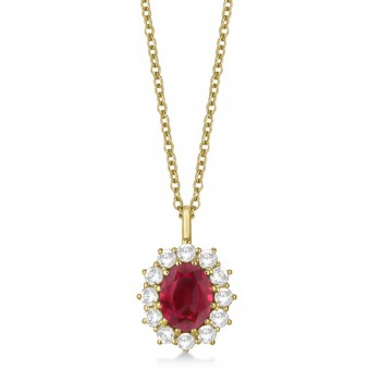 Oval Lab Ruby and Lab  Diamond Pendant Necklace 14k Yellow Gold (3.60ctw)
