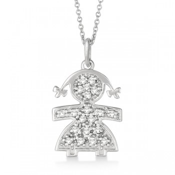 Pave-Set Diamond Girl Shape Pendant Necklace 14K White Gold (0.15ct)