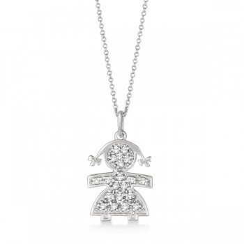 Pave-Set Diamond Girl Shape Pendant Necklace 14K White Gold (0.15ct)