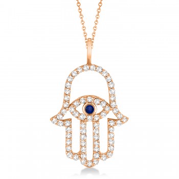 Diamond & Blue Sapphire Hamsa Evil Eye Pendant Necklace 14k Rose Gold (0.51ct)