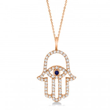 Diamond & Blue Sapphire Hamsa Evil Eye Pendant Necklace 14k Rose Gold (0.51ct)