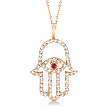 Diamond & Ruby Hamsa Evil Eye Pendant Necklace 14k Rose Gold (0.51ct)