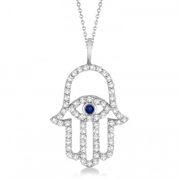 Diamond & Blue Sapphire Hamsa Evil Eye Pendant Necklace 14k White Gold (0.51ct)