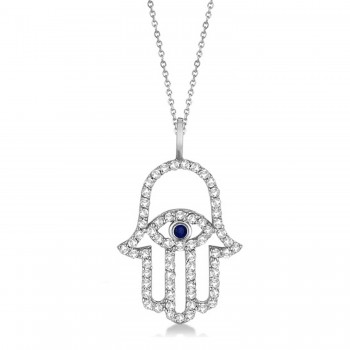 Diamond & Blue Sapphire Hamsa Evil Eye Pendant Necklace 14k White Gold (0.51ct)