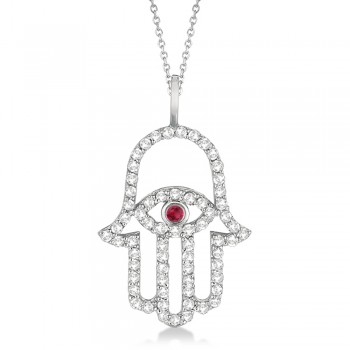 Diamond & Ruby Hamsa Evil Eye Pendant Necklace 14k White Gold (0.51ct)