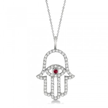 Diamond & Ruby Hamsa Evil Eye Pendant Necklace 14k White Gold (0.51ct)