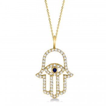 Diamond & Blue Sapphire Hamsa Evil Eye Pendant Necklace 14k Yellow Gold (0.51ct)