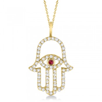 Diamond & Ruby Hamsa Evil Eye Pendant Necklace 14k Yellow Gold (0.51ct)