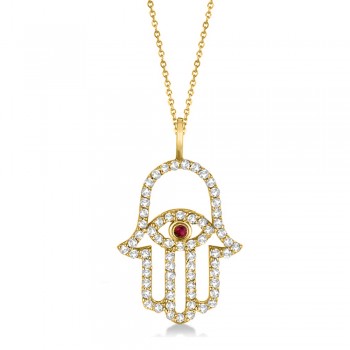 Diamond & Ruby Hamsa Evil Eye Pendant Necklace 14k Yellow Gold (0.51ct)