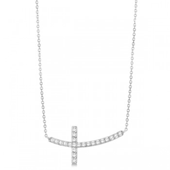 Diamond Sideways Curved Cross Pendant Necklace 14k White Gold 0.33ct