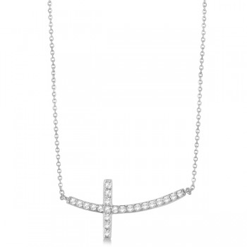 Diamond Sideways Curved Cross Pendant Necklace 14k White Gold 0.50ct