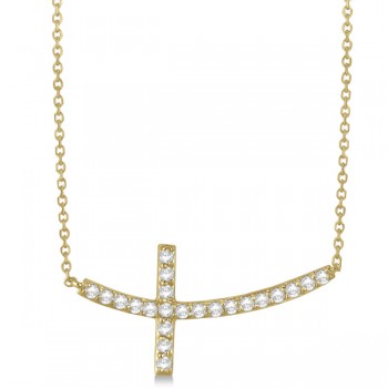 Diamond Sideways Curved Cross Pendant Necklace 14k Yellow Gold 0.75ct