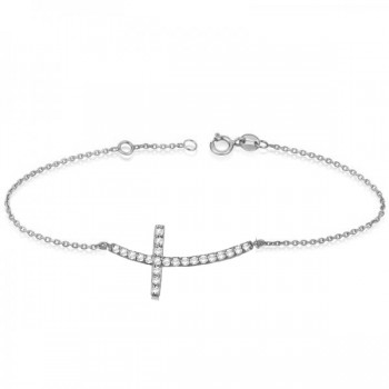 Diamond Sideways Curved Cross Chain Bracelet 14k White Gold (0.50ct)