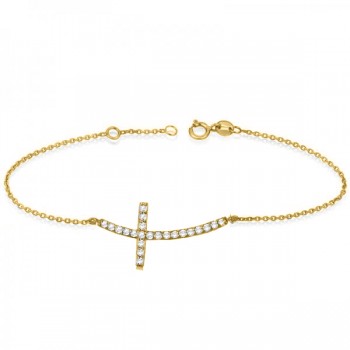 Diamond Sideways Curved Cross Chain Bracelet 14k Yellow Gold (0.50ct)