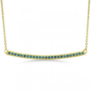 Thin Round Blue Diamond Curved Bar Necklace 14k Yellow Gold 0.25ct