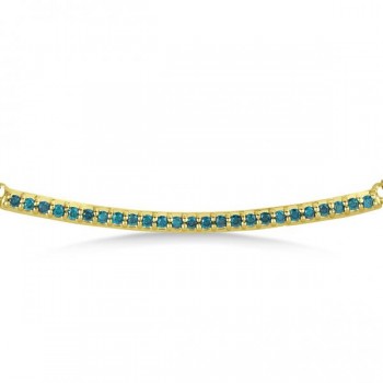 Thin Round Blue Diamond Curved Bar Necklace 14k Yellow Gold 0.25ct
