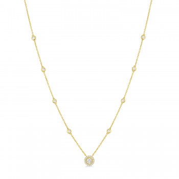 Diamond Halo Pendant Station Necklace in 14k Yellow Gold (0.50 ctw)