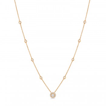 Diamond Halo Pendant Station Necklace in 14k Rose Gold (0.75 ctw)