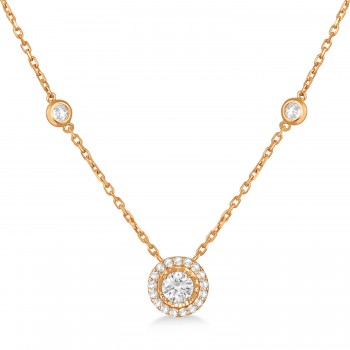 Diamond Halo Pendant Station Necklace in 14k Rose Gold (0.75 ctw)