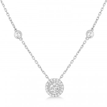 Diamond Halo Pendant Station Necklace in 14k White Gold (0.75 ctw)