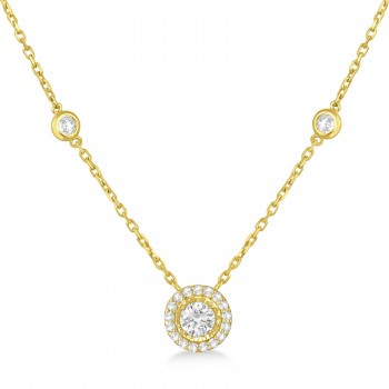 Diamond Halo Pendant Station Necklace in 14k Yellow Gold (0.75 ctw)