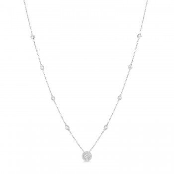 Diamond Halo Pendant Station Necklace in 14k White Gold (1.00 ctw)