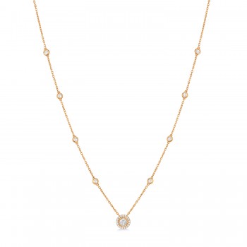 Diamond Halo Pendant Station Necklace in 14k Rose Gold (1.25 ctw)