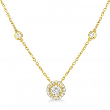 Diamond Halo Pendant Station Necklace in 14k Yellow Gold (1.50 ctw)