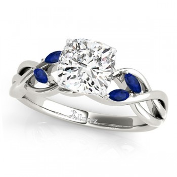 Cushion Blue Sapphires Vine Leaf Engagement Ring 14k White Gold (1.00ct)