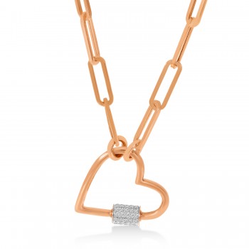Diamond Paperclip Chain Heart Carabiner Pendant Necklace 14k Rose Gold (0.22ct)