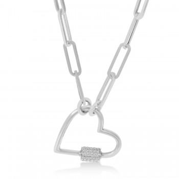Diamond Paperclip Chain Heart Carabiner Pendant Necklace 14k White Gold (0.22ct)