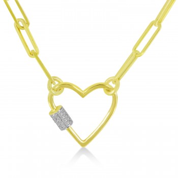 Diamond Paperclip Chain Heart Carabiner Pendant Necklace 14k Yellow Gold (0.22ct)