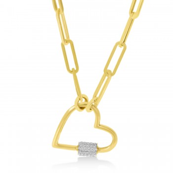 Diamond Paperclip Chain Heart Carabiner Pendant Necklace 14k Yellow Gold (0.22ct)