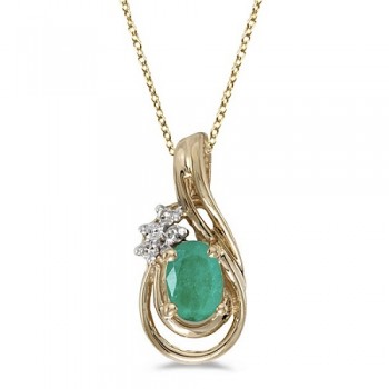 Oval Emerald & Diamond Teardrop Pendant Necklace 14k Yellow Gold