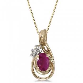 Oval Ruby & Diamond Teardrop Pendant Necklace 14k Yellow Gold