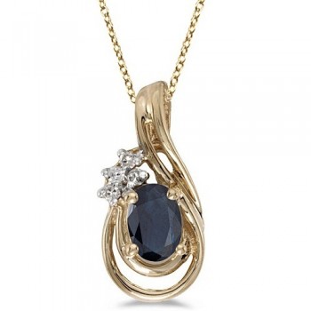 Blue Sapphire & Diamond Teardrop Pendant Necklace 14k Yellow Gold