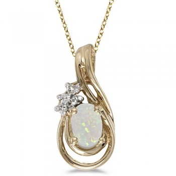 Oval Opal & Diamond Teardrop Pendant Necklace 14k Yellow Gold