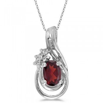 Oval Garnet & Diamond Teardrop Pendant Necklace 14k White Gold