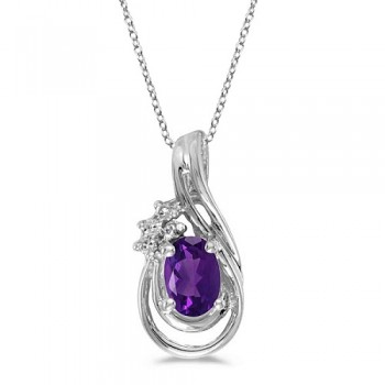 Oval Amethyst & Diamond Teardrop Pendant Necklace 14k White Gold