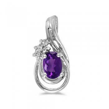 Oval Amethyst & Diamond Teardrop Pendant Necklace 14k White Gold