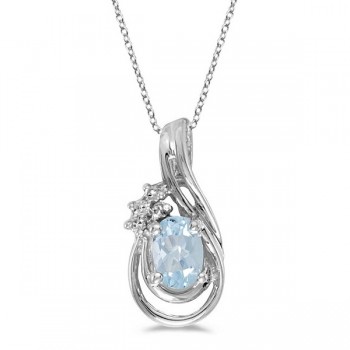 Oval Aquamarine & Diamond Teardrop Pendant Necklace 14k White Gold