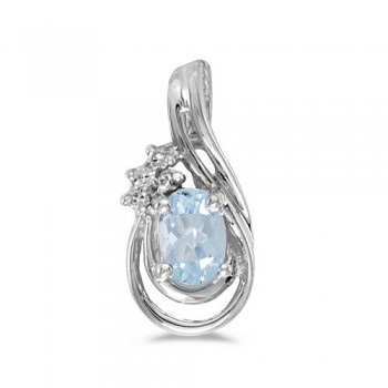 Oval Aquamarine & Diamond Teardrop Pendant Necklace 14k White Gold