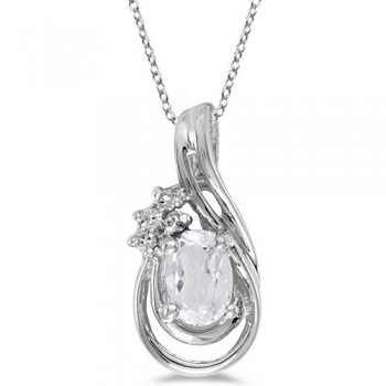 Oval White Topaz & Diamond Teardrop Pendant Necklace 14k White Gold