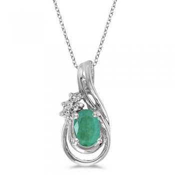 Oval Emerald & Diamond Teardrop Pendant Necklace 14k White Gold