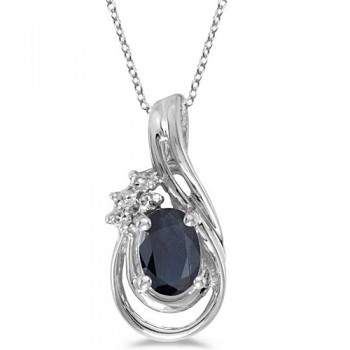 Blue Sapphire & Diamond Teardrop Pendant Necklace 14k White Gold