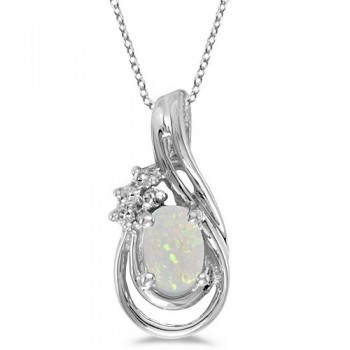 Oval Opal & Diamond Teardrop Pendant Necklace 14k White Gold