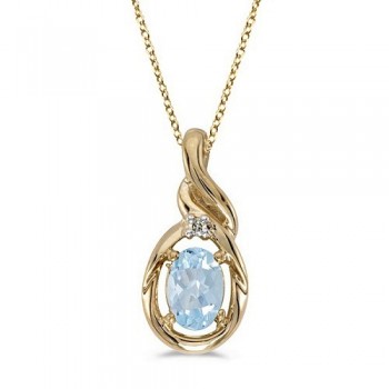 Oval Aquamarine & Diamond Pendant Necklace 14k Yellow Gold (0.40ctw)