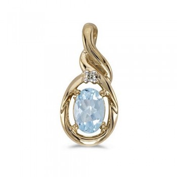 Oval Aquamarine & Diamond Pendant Necklace 14k Yellow Gold (0.40ctw)