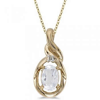 Oval White Topaz & Diamond Teardrop Pendant Necklace 14k Yellow Gold