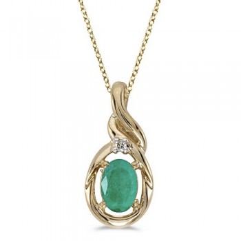 Oval Emerald & Diamond Pendant Necklace 14k Yellow Gold (0.45ctw)